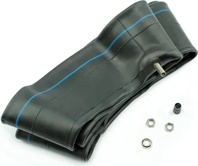 A black rubber inner tube with a blue stripe and a metal valve stem, along with a valve cap and two nuts, laid out on a white background.