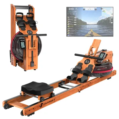 Obrázek produktu pro JASPORT R3 skládací veslovací trenažér z ho dubového dřeva s vodním odporem, Bluetooth, LCD, Kinomap, 28 l, do 150 kg – Cherry