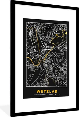 Produktbild von MuchoWow® Gerahmtes Poster Wetzlar - Gold - Stadtplan - Deutschland - Schwarz und Gold - Karte 60x90 cm - Poster mit Schwarzem Bilderrahmen Wandposter Rahmen Foto Bilder - Dekoration - Wandposter Wohnzimmer - Hochwertig