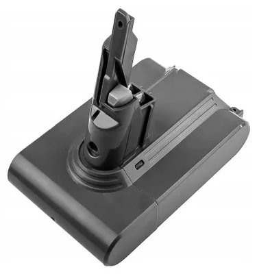 A close-up, angled view of a gray Dyson V7 vacuum cleaner battery pack.