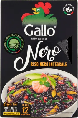 A box of Gallo Nero Integrale black rice, featuring a picture of the prepared dish.