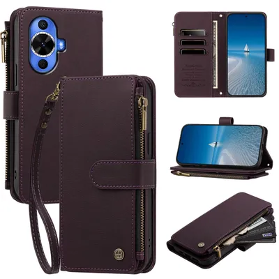 Produktbild von Handyhülle für Huawei Nova 12S, Leder Klapphülle mit Kartenfächern, Reißverschlussfach und Handschlaufe Lila