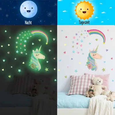 Immagine prodotto di Adesivi murali a forma di unicorno, luminosi, con arcobaleno, autoadesivi, con stelle, per la decorazione della cameretta dei bambini