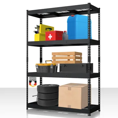 Produktbild von Schwerlastregal Schwarz Yukon Rivet, 180 x 120 x 60 cm, Stahlregal mit Gitterböden, 350 kg Tragkraft je Etage, Lagerregal mit 4 Etagen, Regal Keller