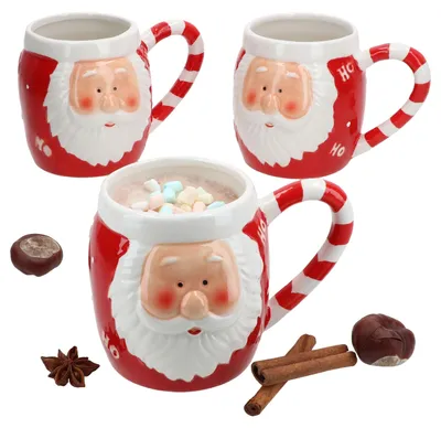 Zdjęcie produktu dla Zestaw 3 kubków do kawy Kerstman, 400 ml, czerwone, z motywem Świętego Mikołaja „Ho Ho Ho”