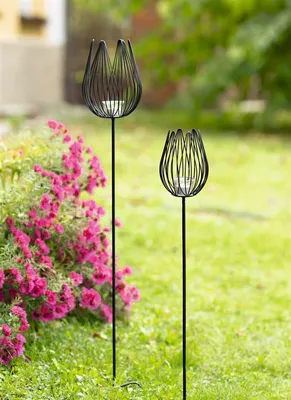 Produktbild von 2x Gartenstecker "Blüte" aus Metall, schwarz, mit Windlicht, Teelichthalter, Dekostecker, Gartendeko für Draußen
