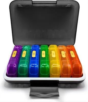 Produktbild von CHPN - Pillendose 7 Tage - Medikamentenbox - 4 Fächer pro Tag - Pillendose - Etui - 7 Tabletts - Medikamente sortieren - Mehrfarbig