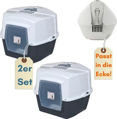 A collage of cat litter boxes, with tags indicating a set of two and a feature.