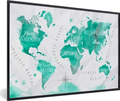 Produktbild von MuchoWow® MuchoWow® Gerahmtes Poster Weltkarte - Malerei - Aquarell 60x40 cm - Poster mit zchwarzem Bilderrahmen - Printing - Wanddeko Schlafzimmer