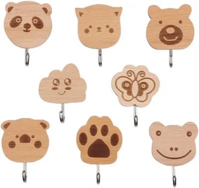 Imagen del producto de Ganchos de madera con motivos de animales, 8 unidades, autoadhesivos, para habitaciones infantiles