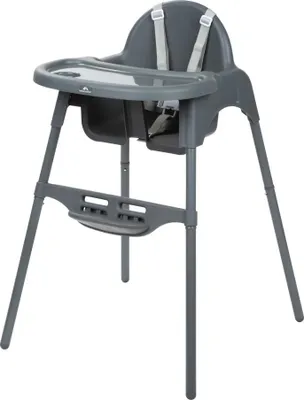 A dark grey high chair is shown against a white background.