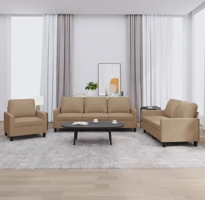 Produktbild von "2026 Promotion" 3-tlg. Sofagarnitur mit kissen - Wohnlandschaft - Cappuccino-Braun Kunstleder - Klassische Sofas CC10850