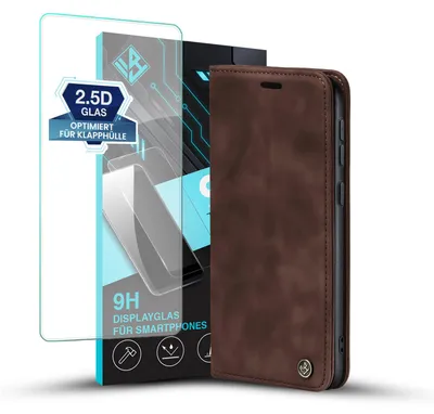 Produktbild von Handy Hülle für Samsung Galaxy S24 mit 9H Displayglas Klapphülle Bookcase Flip Cover Handy Tasche Etui Farbe: Dunkelbraun