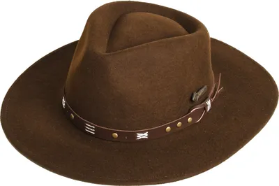 A brown felt hat on a white background.