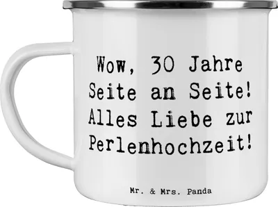 Produktbild von Mr. & Mrs. Panda Pott Spruch 30. Hochzeitstag Perlenhochzeit - Weiß - Geschenk, Geschenke, Jubiläum, Kaffeepott, Emaille Becher, Beziehung, Liebe, Hochtzeit, Tasse