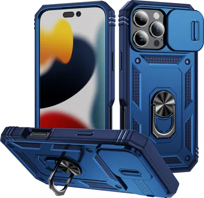 Produktbild von iPhone 16 Pro Hülle, Schiebe Kamera Schutz Stoßfest Schutzhülle mit Ringhalterung Ständer für iPhone 16 Pro Blau