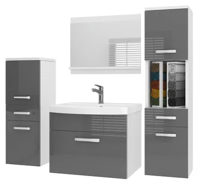 Immagine prodotto di Set di mobili da bagno BELINI PRI P5, 120 cm, grigio lucido - Mobile bagno moderno con lavabo e specchio, completo di tutti gli accessori, da montare a parete