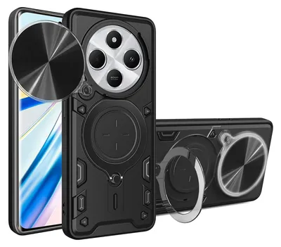 Obrázok produktu pre Pre Xiaomi Redmi 14C 4G – textúrované puzdro s vysúvacou kamerou z TPU/PC s krúžkom, čierne