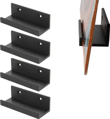 Four black L-shaped brackets are arranged vertically on the left side of the image, with a single record holder and a vinyl record on the right.