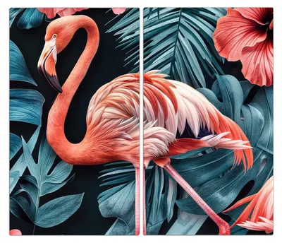 Produktbild von Spritzschutz Herdabdeckplatte Schneidebrett aus Glas Flamingos und Blumen 2-Teilig (60x52cm)
