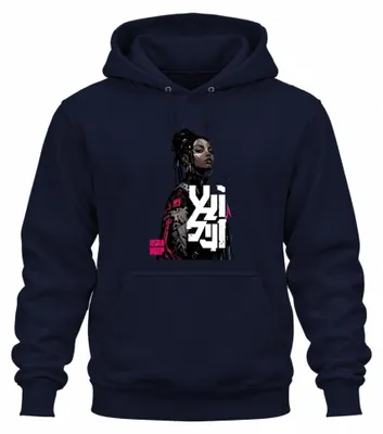 Imagen del producto de Afrofuturismo, cyberpunk, mujer, rastas, Japón, año 1999/2000, ciencia ficción, sudadera con capucha, color azul marino, talla L