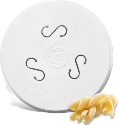 A white pasta maker disc with three 'S' shaped openings and a logo in the center, with a portion of cooked fusilli pasta in the foreground.