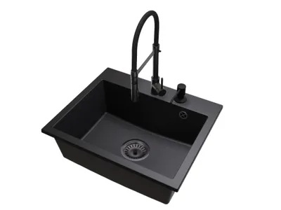 Produktbild von Granit Küchenspüle EXCLUSIVE 55 Einbecken Set mit Armatur, Seifenspender und Siphon Schwarz