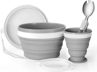Produktbild von Odoland Camping Geschirr Set mit Silikonschüssel, Becher & Edelstahllöffel