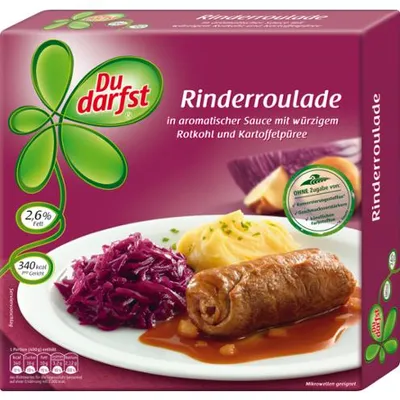 Produktbild von Du darfst Rinderroulade 400g in aromatischer Sauce mit Rotkohl und Kartoffelpüree