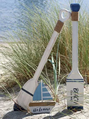 Produktbild von Chic Antique Deko Paddel BEACH THIS WAY Holz Weiß Blau 72x11 cm Maritime Deko