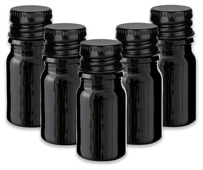 Produktbild von 5x Schwarze Glasflasche 5 ml mit schwarzem Aluminium Schraubverschluss