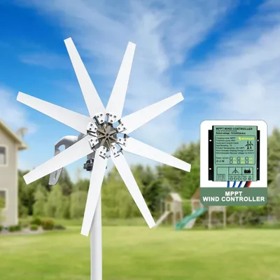 Image de Éolienne SS8B-3000 - Éolienne à axe horizontal - 3000 W, 24 V - 8 pales - Vitesse de démarrage : 1,5 m/s - Alliage d'aluminium - Régulateur de charge offert - Blanc