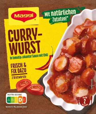 A package of Maggi Currywurst seasoning mix with a serving suggestion.