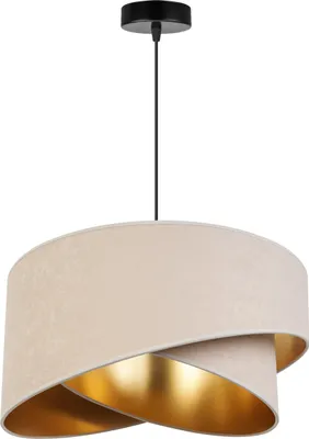 A pendant lamp with a beige fabric shade and a gold interior, suspended from a black ceiling mount.
