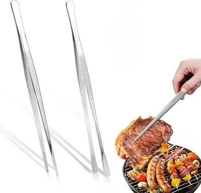 Image de Deux longues pinces à barbecue, pince de cuisine en acier inoxydable, pince de cuisine, pince à viande avec manche rainuré, 30 cm, pour la cuisine, pince à barbecue, spatule à viande