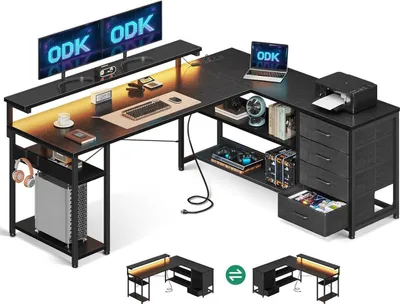 Obrázek produktu pro Herní stůl ODK ve tvaru L s LED diodami a porty USB 155 × 110 cm černý