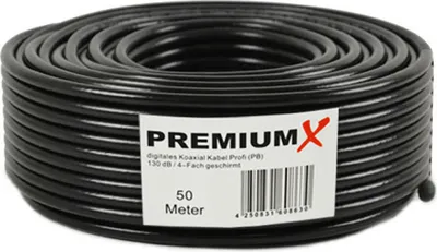 Produktbild von PremiumX 50m PROFI Koaxialkabel Schwarz 135dB 4-fach geschirmt REINES KUPFER