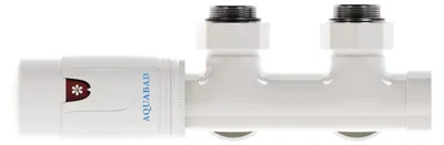 A white radiator valve with a thermostat and adapters, shown from the side against a white background.