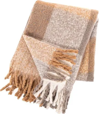 Obrázek produktu pro Unyqoos® Přikrývka (deka) FLOCK – 100% polyester, 130 x 170 cm, s frędzлями, kostkovaný retro vzor, hnědá/bílá/šedá