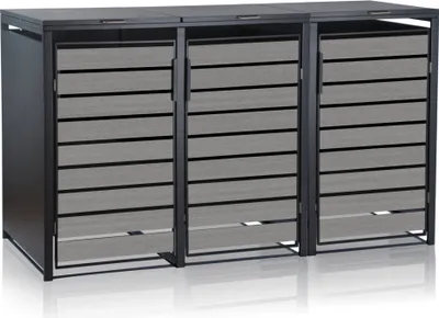 A three-bin trash can enclosure with a dark gray frame and light gray slatted doors.
