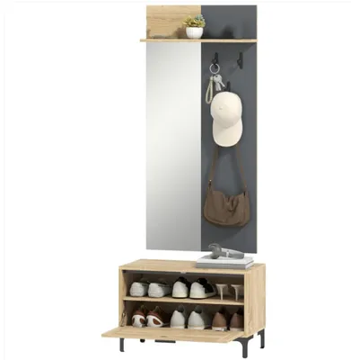 Produktbild von Garderobenset für Eingangsbereich, Schuhbank, Spiegel, 3 Haken, Offenes Regal