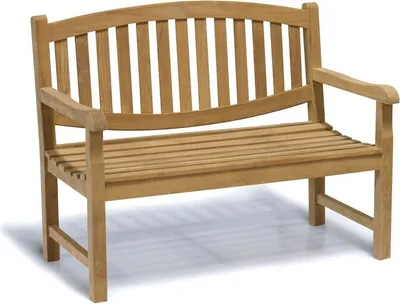 A wooden garden bench is shown against a white background.