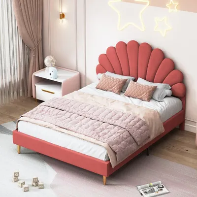 Image de Lit double - Structure de lit - Sommier - Lit - Lit escamotable - Revêtement en velours rouge - 140 x 200 cm