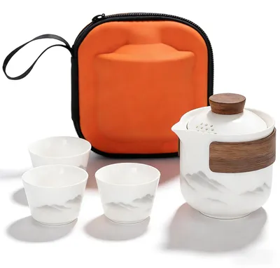 Tragbares Gongfu-Teaset aus Keramik, 1 Kanne 200 ml + 3 Tassen 45 ml, Weiß