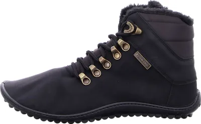 A side view of a black winter boot.