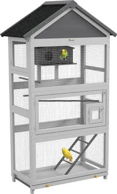 Produktbild von Voliere mit 3 Tš¹ren, Haus und Plattform, Holz und Metall, 92 x 52 x 171 cm, grau und schwarz