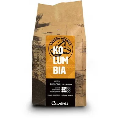 Zdjęcie produktu dla Świeżo palona kawa mielona Caveres Kolumbia Excelso 250g, 100% Arabica, Rzemieślnicza Palarnia Premium