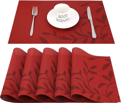 Produktbild von Platzset Abwischbar Tischset Abwaschbar 6er Set PVC Abgrifffeste Hitzebeständig rutschfest Platzdeckchen für Küche, Zuhause, Restaurant, Speisetisch, 45cmx30cm(Rot)