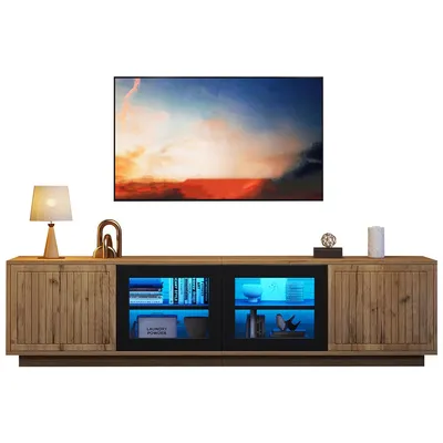 Produktbild von TV-Schrank mit zwei Schränken und LED-Lichtleiste TV-Lowboard TV-Tisch TV-Ständer für Fernseher bis zu 75 Zoll 180*40*45cm Naturholzfarbe
