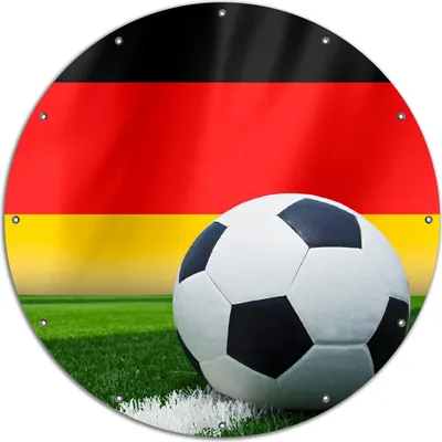 Produktbild von Wallario rundes Outdoor-Poster für Garten oder Balkon, Motiv Fußball vor einer Deutschlandflagge, 120 cm Durchmesser